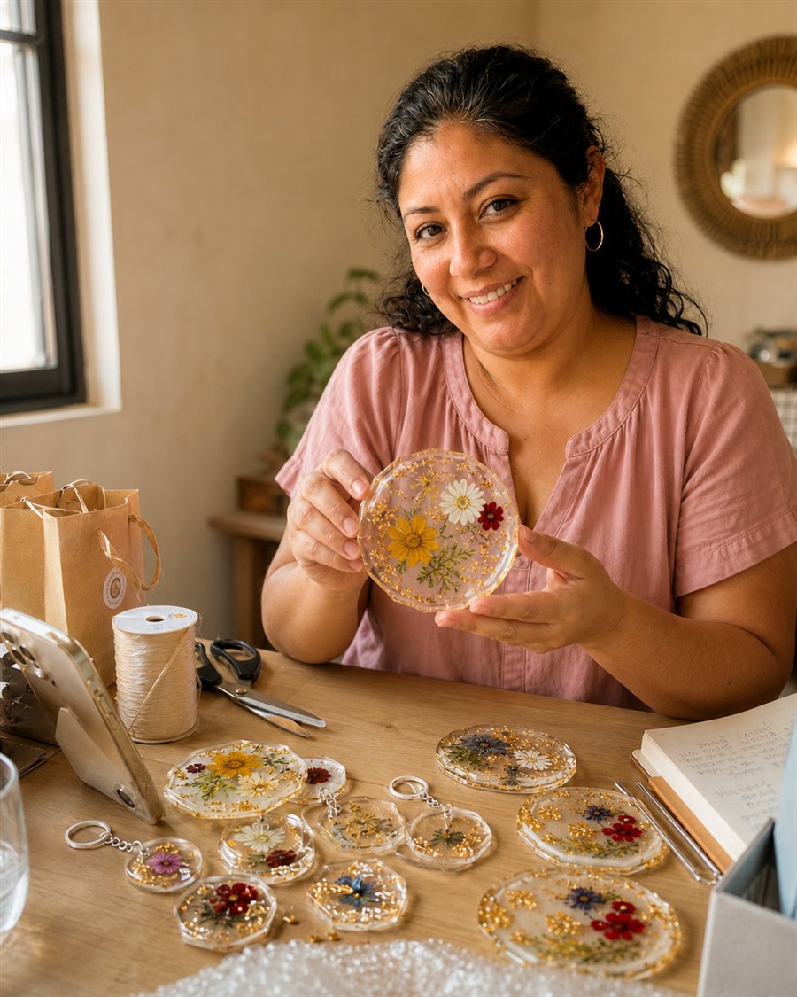 Maria Varella sonriendo en su taller, mostrando un posavasos de resina con flores prensadas